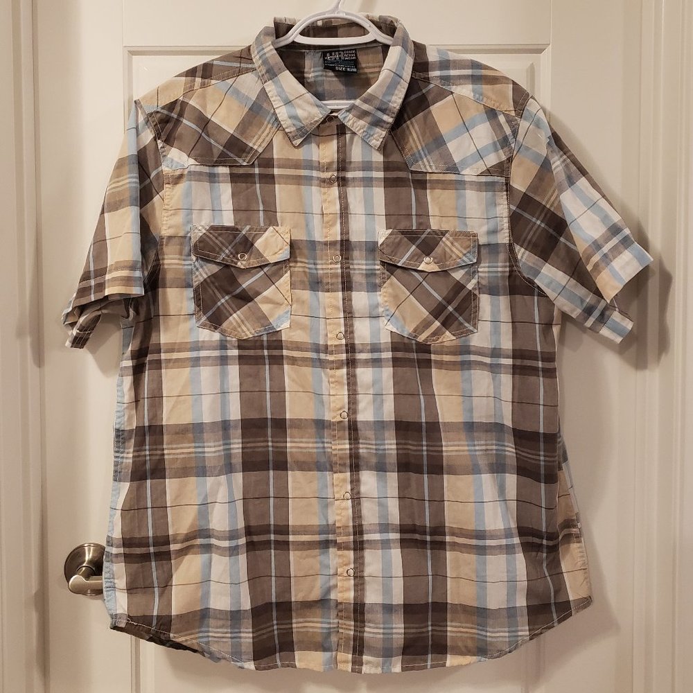 UR Vintage Denim Active Wear Men's Blue Brown Plaid Collared Shirt - Size L